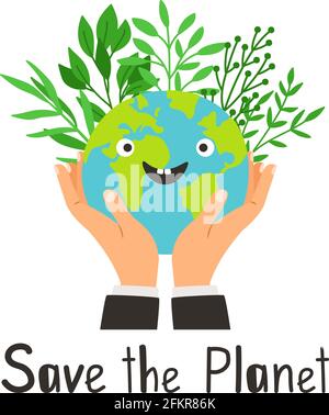 „Planet“-Banner speichern. Cartoon Eco Symbol Schutz Planet, Hände speichern glückliche Erde mit Pflanzen von environon, Vektor-Poster grüne Umgebung isoliert auf weißem Hintergrund Stock Vektor
