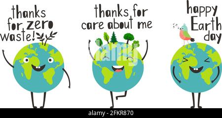 Alles gute zum Tag der Erde. Cartoon glückliche Planeten danken für Pflege und Null-Abfall-Konzept, grüne Umgebung für Liebe und Frieden, Illustration umweltfreundliche Welt auf weißem Hintergrund isoliert Stock Vektor