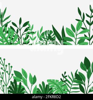 Grüne Blätter und Kräuter umrandet. Natur Pflanzen Grenzen, Vektor Sommer Garten Rand Hintergrund, botanische Wildblumen Laub Dekoration Illustration für Banner und Hochzeitseinladungen Stock Vektor