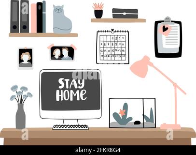 Zu Hause bleiben und arbeiten. Wohnungen Wohnungen Computer Schreibtisch mit Laptop für Homeoffice Isolation Arbeiten Cartoon Vektor Illustration, Fernkommunikation und Arbeit ohne soziale Risiken con Stock Vektor