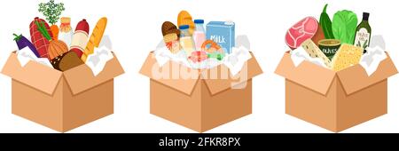 Lebensmittelkartons. Weihnachtsspenden, verschiedene Kartonverpackungen aus dem Lebensmittelgeschäft mit Käse-Fleisch-Gemüse-Vektor-Illustration Stock Vektor