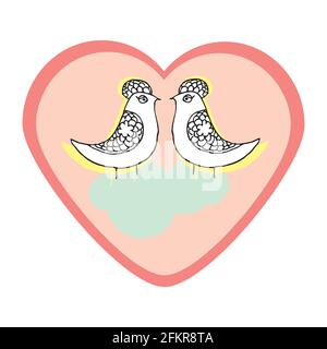 Zwei verliebte Vögel stehen auf der Wolke und einem rosa Herz. Karte im Retro-Stil. Trendige Pastellfarben von 2021. Stock Vektor