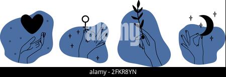 Hände, die verschiedene Dinge halten. Abstrakte Linienelemente, zeitgenössische dekorative Kunst. Weiblicher Arm mit Herz, Ast Mond, Liebe und freundliche Metapher Vektor-Illustration Stock Vektor
