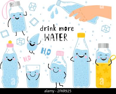 Trinken Sie mehr Wasser. Cartoon-Figuren von glücklichen Flaschen mit Natur Flüssigkeiten, Vektor-Illustration Konzept der Aqua-Balance für gesunde und Energie menschlichen Körper isoliert auf weißem Hintergrund Stock Vektor