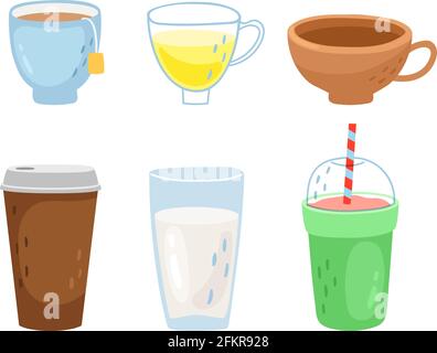Verschiedene Tassen. Tee-Kaffeebecher, heiße Getränke zum Mitnehmen. Smoothie, Milch und alkoholfreie Cocktails Vektor-Set Stock Vektor