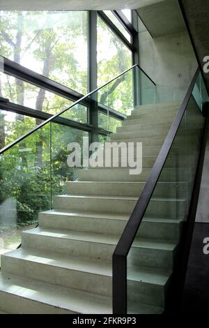 Betontreppe mit Glasgeländern an einer Glasfassade mit Blick auf den Wald. Haus der Architektur in München, Deutschland Stockfoto