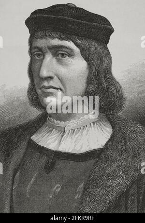 Diogo Cao (ca. 1452-1486). Portugiesischer Seefahrer, Entdecker der Mündung des Kongo. Gravur. El Congo y la Creación del Estado Independiente de este nombre. Historia de los trabajos y Exploraciones Verificados (der Kongo und die Gründung seines Freistaates. A Story of Work and Exploration), von Henry M. Stanley. Herausgegeben in Barcelona, ca. 1890. Spanien. Stockfoto