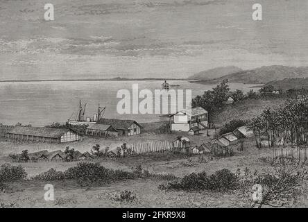 Geschichte Afrikas. 19. Jahrhundert. Blick auf den Kongo und die englische Fabrik von Boma. Gravur. El Congo y la Creación del Estado Independiente de este nombre. Historia de los trabajos y Exploraciones Verificados (der Kongo und die Gründung seines Freistaates. A Story of Work and Exploration), von Henry M. Stanley. Herausgegeben in Barcelona, ca. 1890. Spanien. Stockfoto