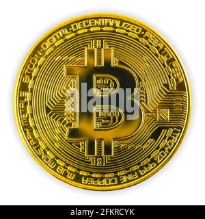 Bitcoin Kryptowährung physisches goldenes Symbol auf weißem Hintergrund isoliert Stockfoto