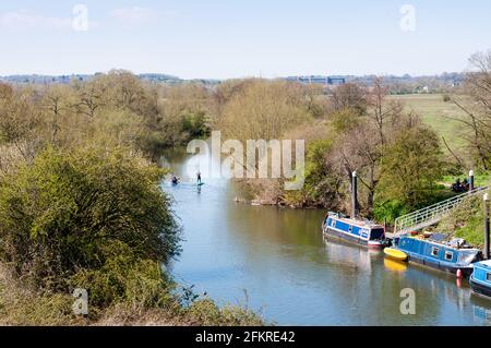 Kanalboote, Paddle Boards und Kajaks auf dem Fluss Avon in Wiltshire, Großbritannien Stockfoto