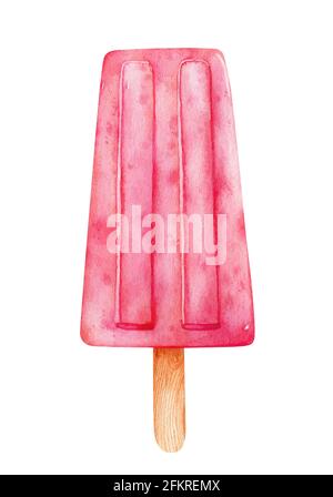 Erdbeereis auf einem Stock isoliert auf weißem Hintergrund. Handgezeichnete Clipart-Illustration in Aquarell. Perfekt für Karten, Menüs, Drucke, Dekorationen, Covers. Stockfoto