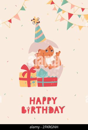 Geburtstagskarte für Babys. Ein kleiner Dinosaurier schlüpfte aus einem Ei. Dino lächelt, feiert, macht Spaß, Geschenke und verpfuschen. Lustige festliche Vektorkarte für Kinder Stock Vektor