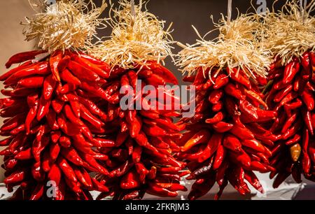 New Mexico Red chile Ristras, Pequin chile Ristra in Santa Fe, NM. Stockfoto