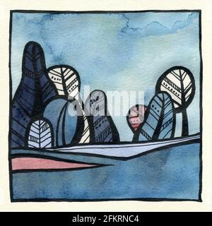 Abstrakte dekorative Landschaft Aquarell Illustration. Ruhiger Aquarell-Hintergrund mit Bäumen, Büschen und Hügeln. Aquarellmalerei mit schwarzer Farbkontur und Mustern. Poster, Hintergrund, Karte. Stockfoto