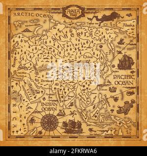 Vintage Karte von Asien, Vektor altes Pergament mit asiatischen Kontinent mit Bergketten, Flüsse und Seen Namen, Ozean Wind Rose, mythologische Meeresbea Stock Vektor
