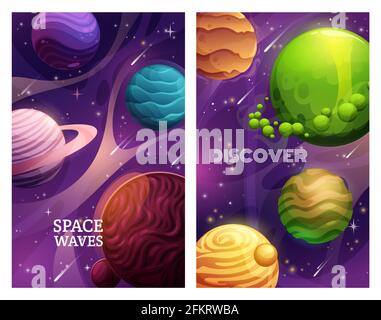 Vektorbanner für Weltraumplaneten von Universumsgalaxie und Weltraumforschung. Außerirdische Planeten, Sterne und Planeten, Meteoriten, Satelliten und Kometen, Astronomie Stock Vektor