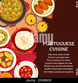 Portugiesische Küche Essen, Portugal Restaurant Gerichte und Mahlzeiten Menü, Vektor. Traditionelle portugiesische Küche mit Fisch- und Seafood-Suppe, Abendessen Eintopf und Appe Stock Vektor
