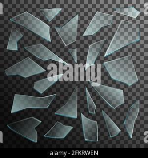 Gebrochenes Glas realistischer Vektor von gebrochenen Glasscherben auf transparentem Hintergrund. 3d-Glasreste von zerbrochenen Fenstern, rissenen oder zerschmetterten Stücken, fragm Stock Vektor