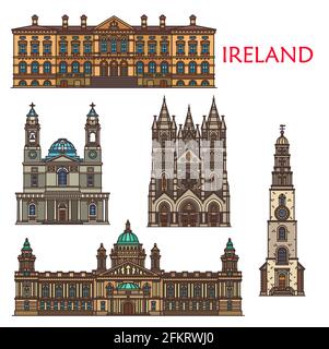 Irische Architektur und Wahrzeichen, alte Sehenswürdigkeiten in Belfast und Cork. Historische Wahrzeichen Irlands, Kathedrale Saint Fin Barre, Stock Vektor