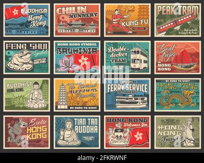 Reiseplakate aus Hongkong, asiatische Sehenswürdigkeiten und Besichtigungstouren, Vektor-Retro. Hongkong-Flagge, rotes Segelboot, Victoria Peak Tram und Bay Ferry Stock Vektor