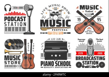 Von Musik isolierte Vektorsymbole mit Musikinstrumenten, Mikrofonen, Kopfhörern und Lautsprechern. Klavier, Gitarre, Trommel und Trompete, Schallplatte, Musical Stock Vektor