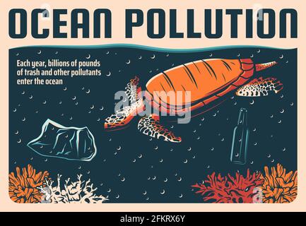 Meeresverschmutzung und Meerwasser mit Plastikabfällen, Ökologie und Umwelt Vektor Retro Poster. Stoppen Meeresverschmutzung und speichern Planeten bilden Müll und Stock Vektor