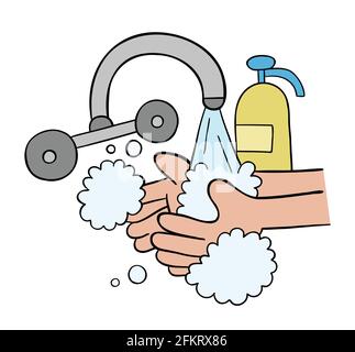 Cartoon-Vektor-Illustration des Händewaschens mit Seife. Farbige und schwarze Umrisse. Stock Vektor