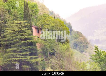 Rosa Haus am Berghang. Das Haus liegt an einem sehr steilen Hang zwischen hohen Bäumen. Stockfoto