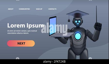 Schwarzer Roboter Lehrer in Graduierung Kappe hält Laptop online Bildung Konzept der künstlichen Intelligenz Stock Vektor
