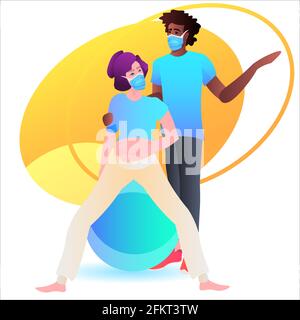 Junge, schwanger Frau in Maske, die körperliche Übungen auf Fitball macht Mit afroamerikanischem Personal Trainer Schwangerschaft Stock Vektor