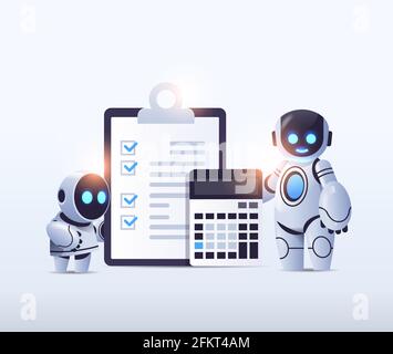 Roboter mit Zwischenablage und Rechner Finanzdaten Bericht Organisationsprozess analyseabrechnung Stock Vektor