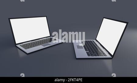 3d-Rendering-Bild des Laptops auf dunkelgrauem Hintergrund. Laptop-Bildschirm-Modell für Sie anpassen Stockfoto
