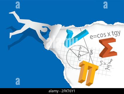 Entdecken Sie die Welt der Mathematik, fliegender Mann, Zerreißen Papier. Menschliche Silhouette rippt Papier mit Mathematik Symbole und Notizen. Vektor verfügbar. Stock Vektor
