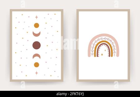 Rainbow Boho-Poster. Skandinavisches Design für Kinder Tapeten und Wohnkultur. Niedliche Pastell-Vektor-Illustration im Cartoon-Stil Stock Vektor