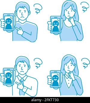 Vektorgrafik Satz von Menschen in Schwierigkeiten mit Smartphone-Betrug. Stock Vektor