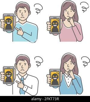 Vektorgrafik Satz von Menschen in Schwierigkeiten mit Smartphone-Betrug. Stock Vektor