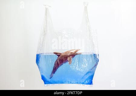 Plastiktüte mit verschwommenem Delphin-Spielzeug-Modell in Wasseroberfläche auf weißem Hintergrund. Minimales Konzept für den Weltmeere-Tag. Stockfoto