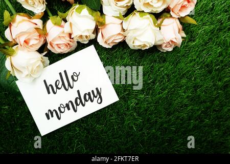 Hallo Montag Textnachricht auf Papierkarte mit Rosen Blumenstrauß von oben auf künstlichem grünem Grashintergrund geschrieben Stockfoto