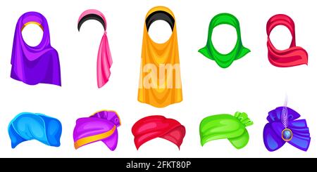 Set aus Turban und Hijab Kopfbedeckungen für Männer und Frauen, orientalische und indische Wrap-Hüte in verschiedenen Farben, Formen und Design. Arabischer Schal für Frauen, Pagdi für Männer, Cartoon-Vektor-Illustration, Clip Art Stock Vektor