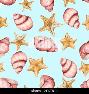Meeresmuster mit Muscheln. Nahtloses Muster. Aquarelldarstellung. Handgefertigte Zeichnung. Stockfoto
