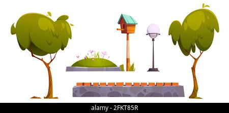 Set von Parkartikeln grünen Bäumen, Blumenbeet, Straßenlaterne und Holz Vogelhaus mit Steinzaun oder Bank. Elemente für Outdoor-Stadtdekoration isoliert auf weißem Hintergrund, Cartoon-Vektor-Illustration Stock Vektor