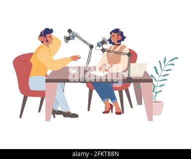 Frau erstellt Podcast, Hosting-Radio-Show interviewing Gast im Studio, Vektor-Illustration. Podcasting, Online-Radio Stock Vektor