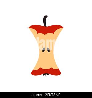 Apple Core. Rotes Apfelstumpf-Symbol. Ein Apfelbiss. Obst gegessen. Gesunder Lebensstil. Vegetarisches oder veganes Konzept. Lebensmittelverschwendung. Kompost. Isoliert auf Weiß Stock Vektor