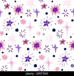 Nahtlose kindliche Kosmos-Muster mit verschiedenen Sternen auf weißem Hintergrund. Vektor-Textur des Universums in lila und rosa Farben. Vektorgrafik Stock Vektor