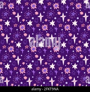 Nahtlose kindliche Neon-Kosmos-Muster mit verschiedenen Sternen. Vektor-Textur des Universums in lila und rosa Farben. Vektor-Tapete mit von Hand gezeichnet Stock Vektor