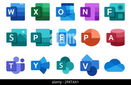 Vinnytsia, Ukraine - 3. Mai 2021: Satz von Microsoft Office-Symbolen 2021. Word, Excel, Outlook, OneNote, Formulare, Sway, Publisher, Exchange, PowerPoint, gem Stock Vektor