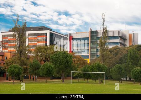 Medizinische Forschungsinstitute im Alfred Hospital-Viertel, jenseits des Fawkner Park, Melbourne. Rechts das Burnett Institute. Stockfoto