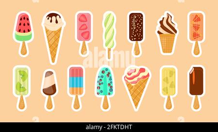 Süße Sommer Delikatesse Eis Aufkleber Set. Niedliche klebrige Etiketten mit verschiedenen Taschendüssen, Eiszapfen, Popsicle mit Belag. Schilder, Stock Vektor