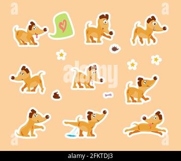 Lustige Welpen täglichen Hund Routine Aufkleber gesetzt. Niedliche klebrige Etiketten mit niedlichen kleinen doggy verziert. Zeichen, Symbole, Objekte von Eisbecher. Flat Art Vektor I Stock Vektor