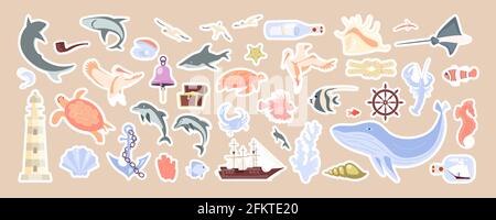 Unterwasser-Objekte und Meerestiere niedlichen Sticker Set. Niedliche klebrige Etiketten mit Cartoon-Bild verziert. Zeichen, Symbole, Objekte des Meereslebens. Flach Ar Stock Vektor